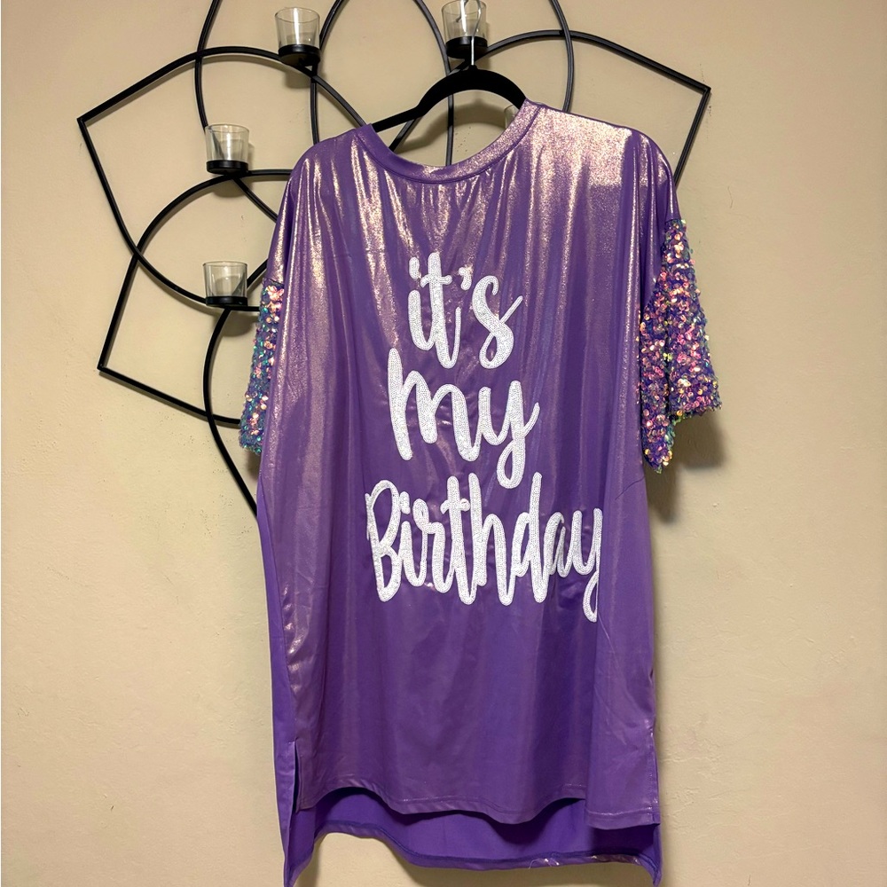 Nwot Fantastic Fawn Birthday Sequin Sparkle Purple Oversized Short Top M View 2